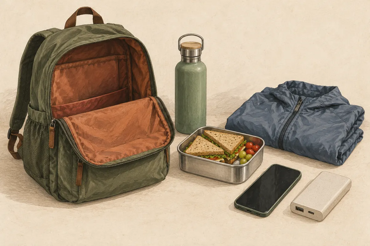 Ilustracja plecaka i podstawowych rzeczy na jednodniowy wyjazd pociągiem.