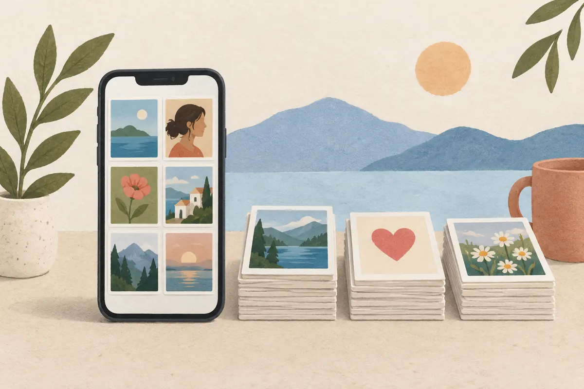 Ilustracja telefonu i zdjęć uporządkowanych w albumy z oznaczeniem ulubionych.